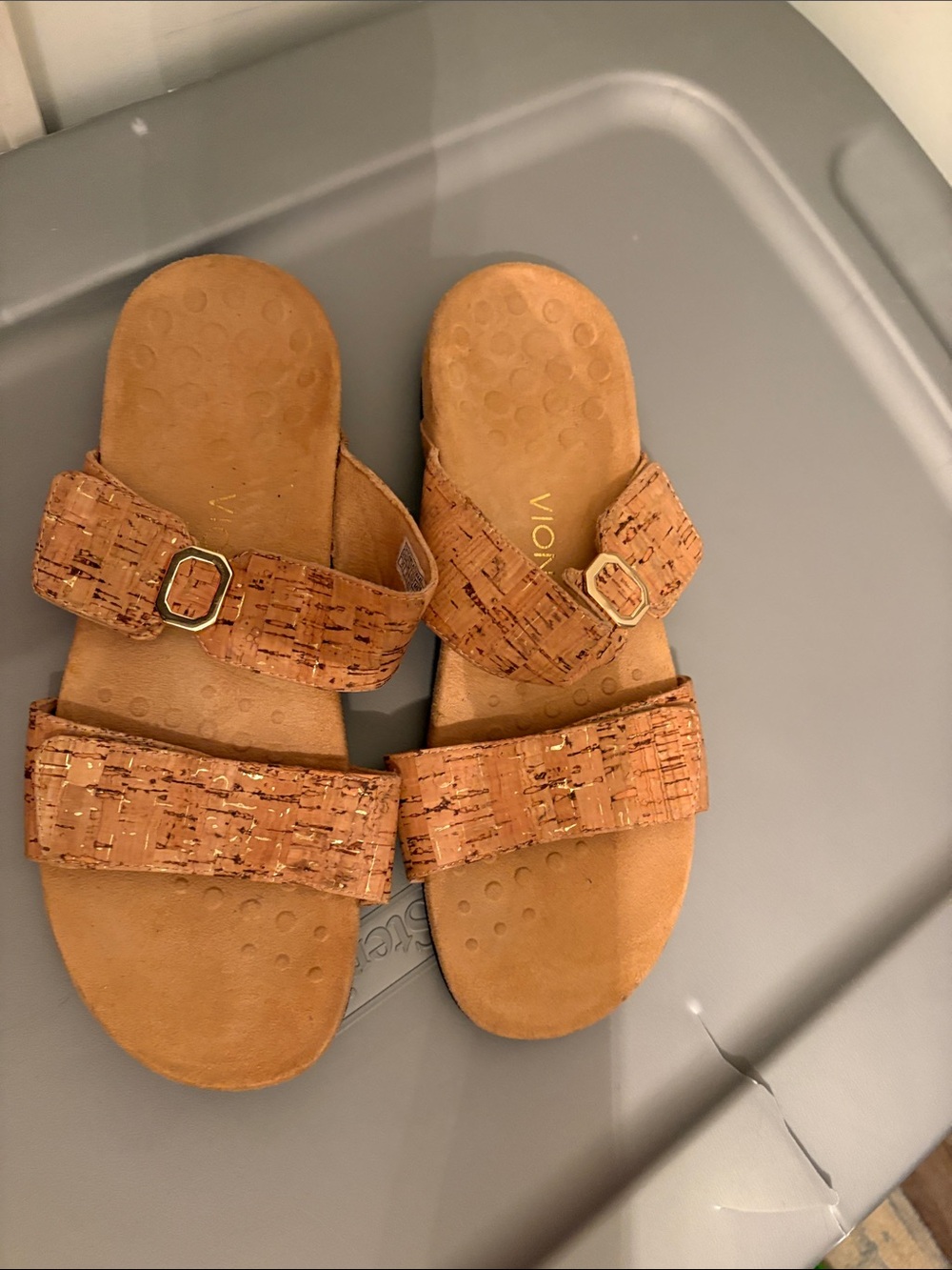 Vionic Cork-Effect Double Strap Slide Sandal in Brown
